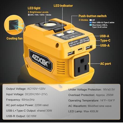 Azocek 220W Power Inverter Compatible with Dewalt 20V Battery
