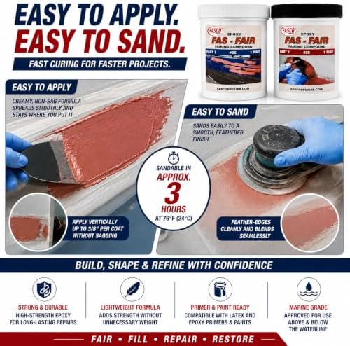 Fasco Epoxies Fas-Fair #26 Marine Epoxy Fairing Compound – Quart Kit, 1:1 Epoxy Filler Putty for Fiberglass, Aluminum, Steel & Wood Boat Repair – Easy Sanding, Non-Sag Formula