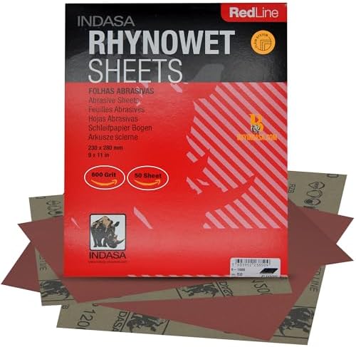 INDASA Rhynowet Red Line Wet Dry Sanding Sheets 9 x 11 Inch 600 Grit Waterproof Latex Backing Abrasive Paper for Wood Metal Automotive Surface Prep Pack of 50