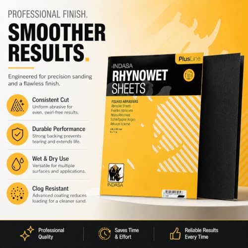Indasa Rhynowet 50 PCS 9x11” Wet & Dry Full Sandpaper Sheets, 2000 GRIT, Clog-Resistant Abrasive for Wood, Metal, Auto, Paint & Clear Coat Finishing, Sand Paper Silicon Carbide