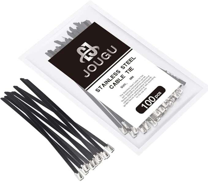 Metal Zip Ties Black 14 inch 304 Stainless Steel Epoxy Coated Locking Cable 220LB 350mm 100pcs Heavy Duty Exhaust Wrap Multi Purpose Binding for machinery, vehicles, farms, cables, pipes,Fence