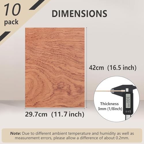 10 Pack Rosewood Plywood Sheets, 16.5"x11.7"x1/8" Unfinished Wood Blanks, Ideal for Laser Cutting, Engraving, DIY Crafts, Wood Burning, Sign Making & Home Decor