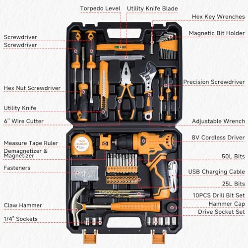 Tool Set - Tool Kit with 8V Cordless Drill, 132 Piece Tool Box with Drill, Home Tool Kits for Men & Women, Hand Drill Set Perfect for Homeowner, Diyer, Handyman-Yellow