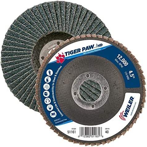 Weiler 51161 Tiger Paw XHD Super High Density Abrasive Flap Disc, Type 27 Flat Style, Phenolic Backing, Zirconia Alumina, 4-1/2" Diameter, 7/8" Arbor, 40 Grit, 12000 RPM (Pack of 10)