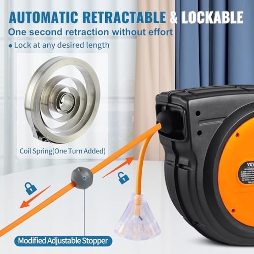VEVOR Retractable Extension Cord Reel, 80 FT, Heavy Duty 12AWG/3C SJTOW Retractable Power Cord with Lighted Triple Tap Outlet, 15 Amp Circuit Breaker 180° Swivel Bracket for Ceiling or Wall Mount