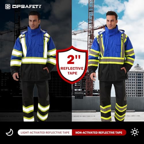 Hi Vis Safety rain Jacket，Reflective Class 3 Rain coat with Inner Mesh Lining and Pockets High Visibility Waterproof work Rain Suits for men&women（Blue,2XL/3XL）