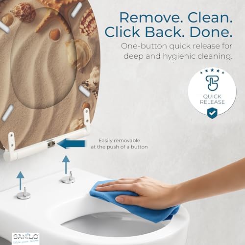 Sanilo Wooden Toilet Seat with Quick Release & Soft Close [ROUND] - Decorative & Slow Close Molded Wood Seat - With One Click for Easy Installation & Cleaning - With Adjustable Fit (Sanibel)
