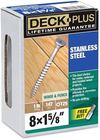 Deck Plus 1-5/8 Inch Epoxy Coated Exterior Wood and Fence Screws #8 x 1-5/8" Torx/Star Drive Included Coarse Thread, Outdoor Rust Resistant Decking Screw, Silver, 1lb Box, 1015 Pieces | 48462