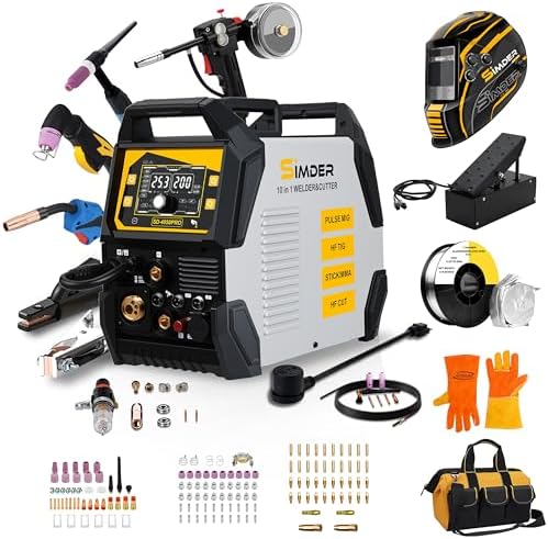 SSimder 200A 10-in-1 Plasma Cutter Welder Combo, Pulse MIG, Synergic Flux Core MIG, HF TIG, Stick, 110V/220V Multiprocess Welding Machine with Spool Gun Foot Pedal Helmet Accessories