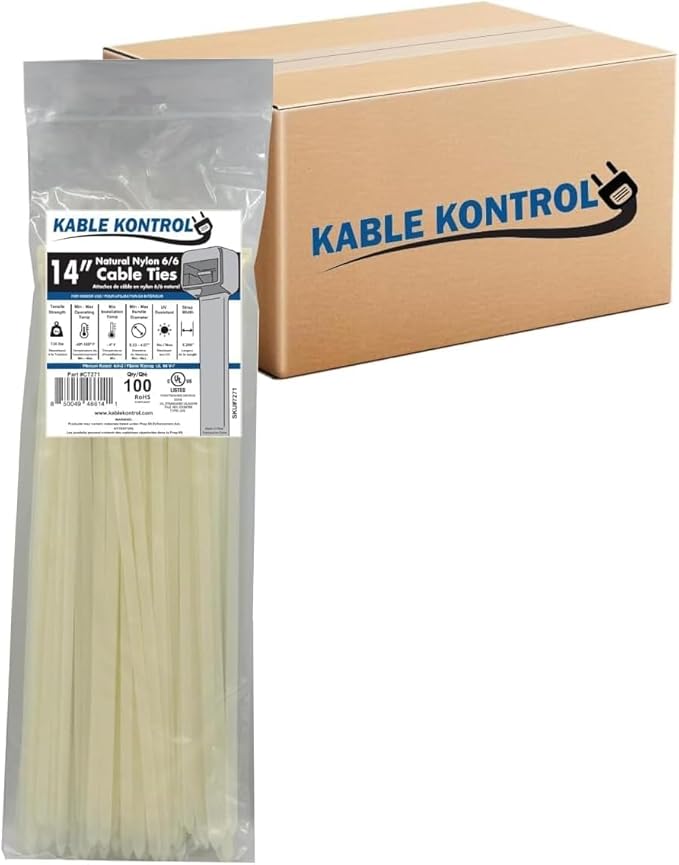 Kable Kontrol Cable Zip Ties, 14 Inch 3500 Pcs HD 120lbs Test Natural White | Nylon Plastic, Self Locking, UL Listed, Indoor Use