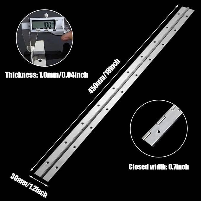 4PCS 18Inch Continuous & Piano Hinges, Heavy Duty Stainless Steel Piano Hinge, Smooth Polished Folding Continuous Hinge, 0.04inch Leaf Thickness, 1.2inch Open Width