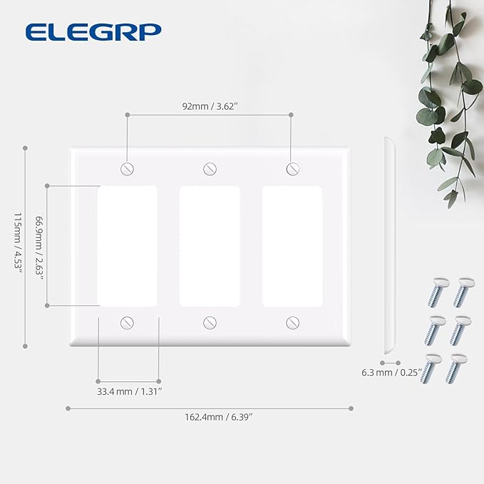 ELEGRP 3-Gang Decorative Wall Plates, Standard Size 4.53" H x 6.39" L Unbreakable Thermoplastic Faceplate Cover for Decorator Receptacle Outlet Switch, UL Listed (5 Pack, Glossy White)