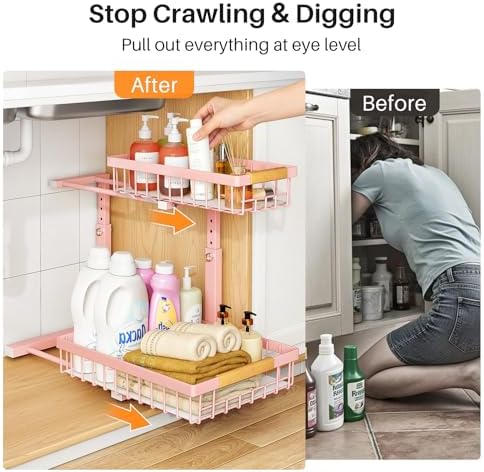 PXRACK Under Sink Organizer, Adjustable Height, 2 Tier Pull Out Under Cabinet Organizer, Slide Out Thickened Metal Under Sink Storage for Kitchen Bathroom Laundry Pantry Cabinet, Pink, Large-2-Pack