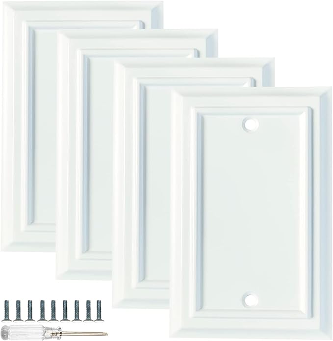 Wall Plates, Duplex Outlet Covers, Toggle Light Switch Plates, Decorator Light Switch Cover, Bamboo Fiber Material Wall Plate, Standard Size Wall Plates of various styles, White (1 Gang Blank 4 Pack)