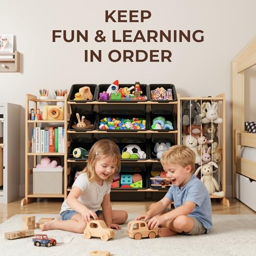 Toy Storage Organizer with Bookshelf and Stuffed Animal Storage - Kids Playroom Organization with 3 Shelves and 12 Toy Bins - Toddler Living Room Toy Box for Lego - Nursery Bedroom Decor Essential