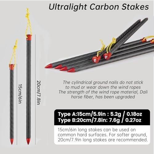 10 Pack Camping Tent Stakes, 6/7.9 Inch Non-Rust Ground Pegs Ultralight Carbon Canopy Spikes Lightweight Anchors Used on Rocks Ideal Camp Nails for Camping, Trampolines, Sheds, Backyard, Swing Sets