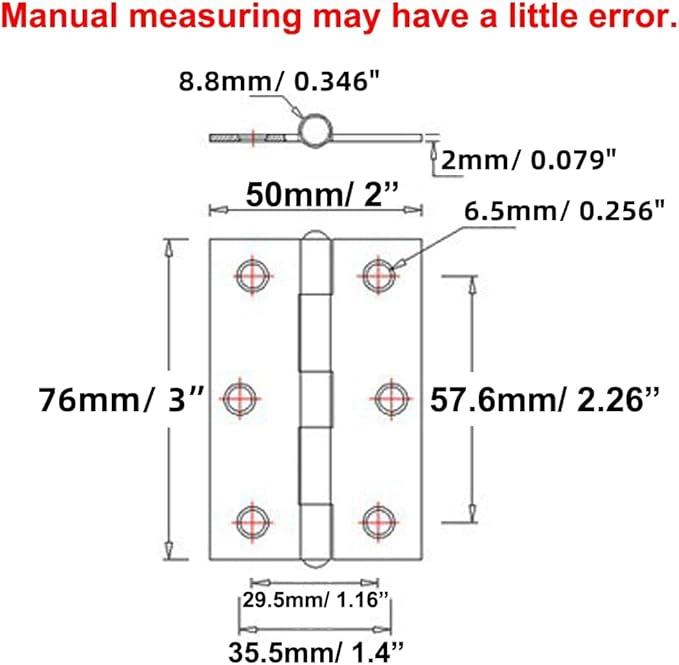 2pcs 304 Stainless Steel Thickened 3-inch Folding Butt Hinges Home Furniture Hardware Door Hinges for Door Case Lid Wooden Box Chest (76mm x 50mm x 2mm)