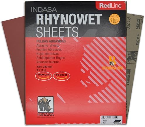 Indasa 50 PCS Redline Full Sheets 9"x11" Wet & Dry Sanding Sheets Series 6 – Rhynowet – 1000-Grit – Waterproof Latex Backing
