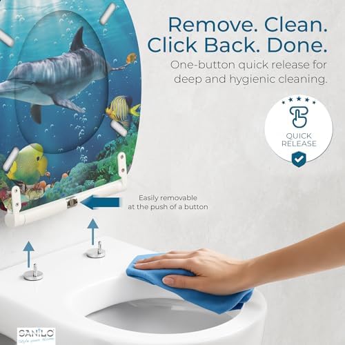 Sanilo Wooden Toilet Seat with Quick Release & Soft Close [ROUND] - Decorative & Slow Close Molded Wood Seat - With One Click for Easy Installation & Cleaning - With Adjustable Fit (Dolphin)