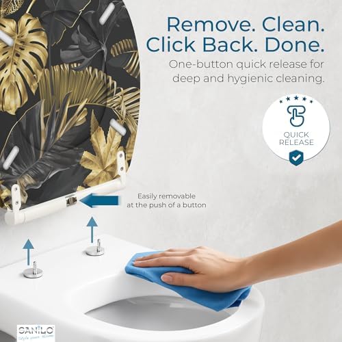 Sanilo Wooden Toilet Seat with Quick Release & Soft Close [ROUND] - Decorative & Slow Close Molded Wood Seat - With One Click for Easy Installation & Cleaning - With Adjustable Fit (Golden Leaves)
