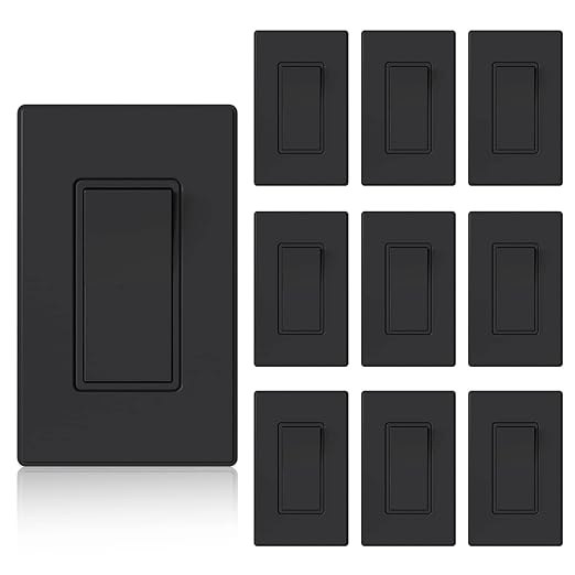 ELEGRP Matte Black 3 Way Decorative Light Switch with Plate, 15Amp, 120-277 Volt, AC Rocker Paddle Wall Switch Replacement, Self-Grounding, Residential Grade, w/Wall Plate, UL Listed (10 Pack)