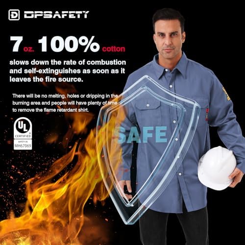 FR Shirts for Men 7oz Hi Vis Fire Resistant Shirts CAT2 Welding Shirt 100% Cotton Flame Resistant Shirt Light Blue(6X-Large)