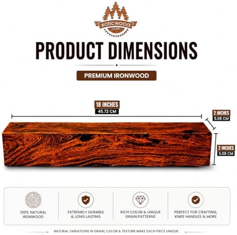 IECAP LLC Desert Ironwood Blanks Pack of 1 — Exotic Hardwood Lumber Block for Woodworking, Wood Carving & DIY Crafts — Natural Iron Wood for Knife Handles, Tool Grips & Pen Turning (18 x 2 x 2 Inches)