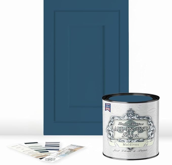 ALL-IN-ONE Paint by Heirloom Traditions, Maldives (Royal Blue), Quart - Durable cabinet and furniture paint. Built in primer and top coat, no sanding needed. Includes our 30 featured color card.