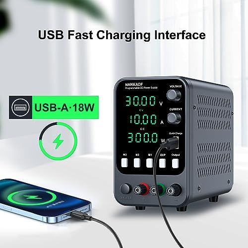 DC Power Supply, 30V 10A Bench Power Supply with Memory Storage & Recall，Variable Power Suppy with Encoder Adjustment Knob, 5V/3.6A USB Quick-Charge & OCP Short Circuit Alarm