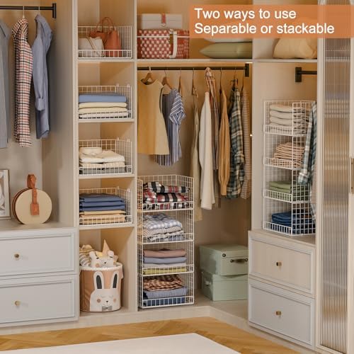 Yociyoga 4-Tier Stackable Closet Organizers and Storage Basket, Foldable Closet Shelf Organizer System, Space-Saving Clothes Storage Drawer Organizer for Wardrobe, White (Patent 30022416)