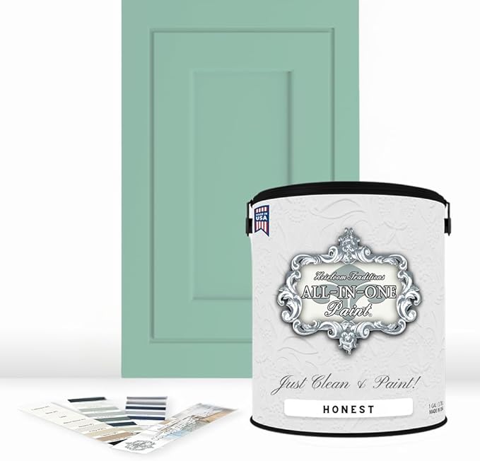 ALL-IN-ONE Paint by Heirloom Traditions, Honest (Mint Green), Gallon - Durable cabinet and furniture paint. Built in primer and top coat, no sanding needed. Includes our 30 featured color card.