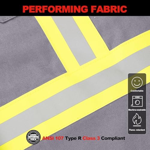 FR Shirts for Men 7oz High Visibility Fire Resistant Shirts CAT2 Welding Shirt 100% Cotton Hi Vis Flame Resistant Shirt Light Gray(Large)