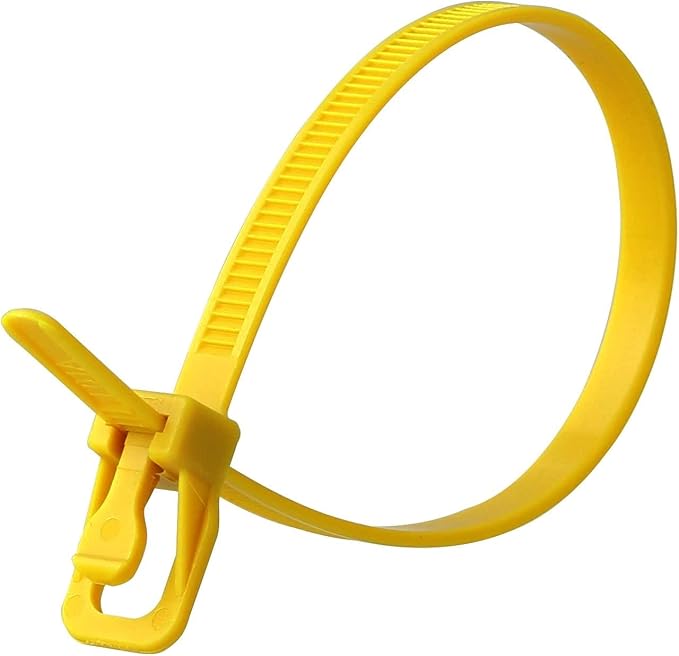 RETYZ 12-Inch Yellow Reusable Releasable Cable Ties – 100 Pack, 50 lb Strength, Patented Quick-Release, Tool-Free Design for Home, Office, and Light Industrial Use