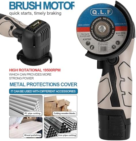 ZFULVO Cordless Brush Angle Grinder Kit, 19500rpm Mini Electric Angle Grinding Tool with 2pcs 16.8V 2000mAh Batteries and 6-Cutting Discs, Grinder Handheld Cutter for Metal Wood