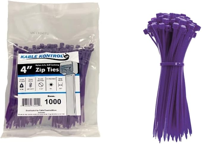 Kable Kontrol Cable Zip Ties, 4 Inch, 1000 Pcs, 18lbs Test, Purple | Nylon Plastic, Self Locking, UL Listed, Indoor Use