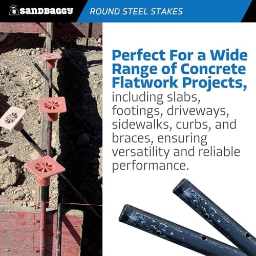 Sandbaggy 60 Inch Round Steel Concrete Form Stakes with Nail Holes, Heavy Duty Rust Resistant Form Pins for Concrete Forms, Slabs, Driveways, Sidewalks, Curbs & Footings, 5 Pack, 3/4 in x 60 in