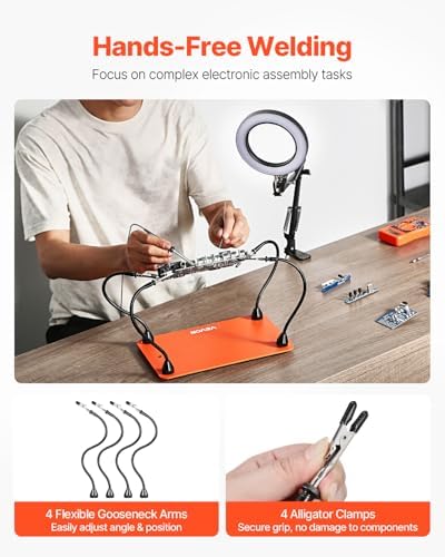 VEVOR Magnetic Helping Hands Soldering Station, 4 Flexible Arms Third Hand Tool with 3X LED Magnifying Lamp & Non-Slip Heavy-Duty Base, Soldering Helping Hands for Electronic Repair Craft Hobby DIY