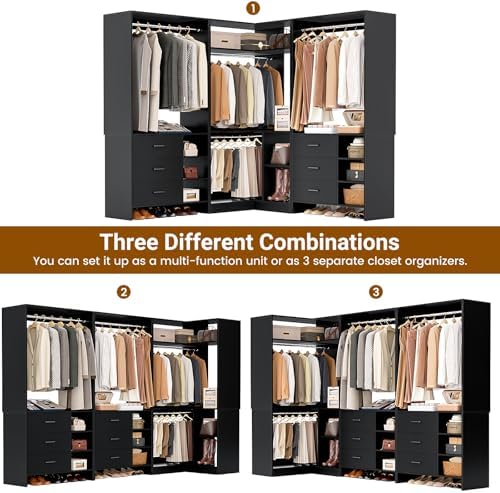 Aheaplus Closet System with 6 Drawers, 4 Hanging Rods & Corner Tower, Corner Closet System with Hanging,92.6" L-Shaped Walk-In Wardrobe Organizer, 2000+ lbs Capacity, Set of 3, Black