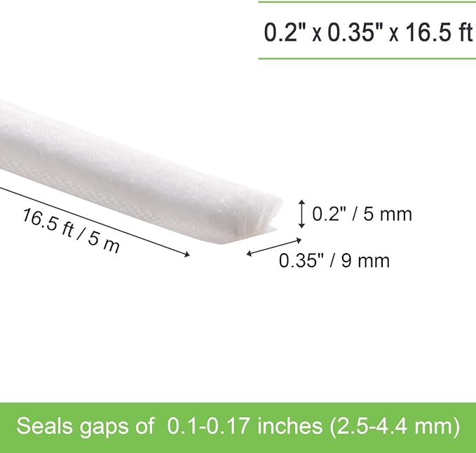 Self-Adhesive Weather Stripping Seal for Doors & Windows – Soundproof Insulation Gap Filler for Sliding, Exterior, Front, and Jamb Frames – 0.2" x 0.35" x 16.5 ft, White