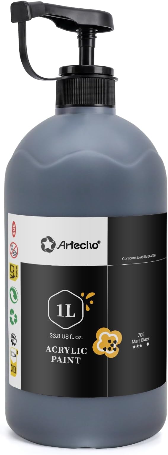 Artecho Mars Black Acrylic Paint 1000ml (33.8 fl oz) with Pump Dispenser – High Pigment for Exceptional Coverage, Large Bottle Craft Paint for Canvas, Wood, Rocks, Fabric, Ceramic – Non-Toxic
