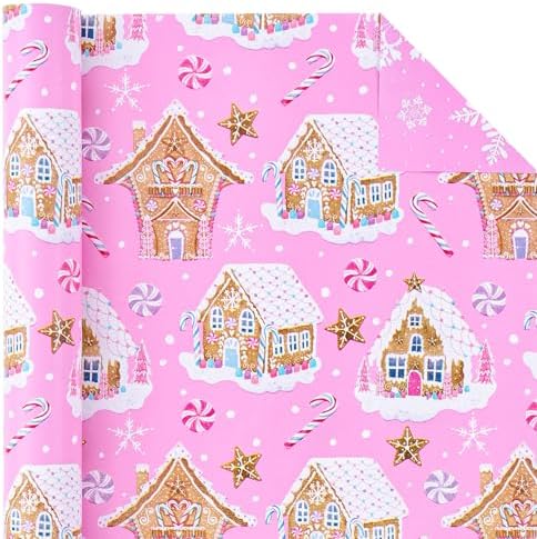 WRAPAHOLIC 30 Inch Reversible Gingerbread Christmas Wrapping Paper - 30 Inch x 33 Feet - Pink Gingerbread House and Snowflake with Embossed for Christmas, Holiday, Party Celebration