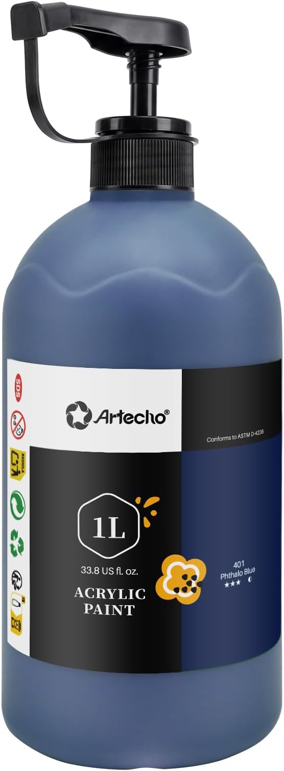 Artecho Phthalo Blue Acrylic Paint 1000ml (33.8 fl oz) with Pump Dispenser – High Pigment for Exceptional Coverage, Large Bottle Craft Paint for Canvas, Wood, Rocks, Fabric, Ceramic – Non-Toxic
