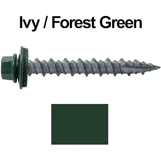 10 x 1-1/2" Ivy Green Metal Roofing Screws - Hex Washer Head- Self-Starting/Tapping - EPDM Washer. 8 X 250 Bags - 2,000 Screws