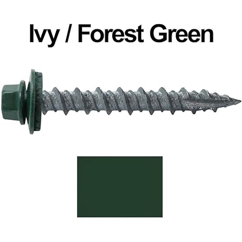 10 x 1-1/2" Ivy Green Metal Roofing Screws - Hex Washer Head- Self-Starting/Tapping - EPDM Washer. 8 X 250 Bags - 2,000 Screws