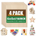 4 Pack Basswood Sheets 1/16x12x12 Inch,1/16 Basswood for Laser Cutting & Engraving, Thin Wooden Sheets, Unfinished Wood for Crafts, Plywood Sheets for Models Making, Wood Burning and Painting.