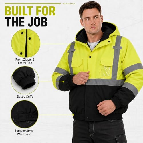 SKSAFETY Hi Vis Safety Bomber Jacket for Men, High Visibility Winter Coat