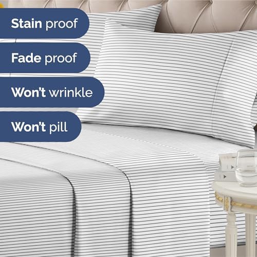 Cal King 4 Piece Striped Sheet Set - Breathable & Cooling - Fine Lines