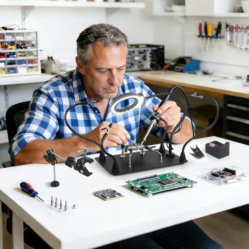 Magnetic Helping Hands Soldering Station with 5X LED Magnifying Lamp, 6 Flexible Arms, 360° Soldering Clamp, Heavy Duty Base, Magnetic Third Hand Tool for Precision Soldering, Electronics & DIY