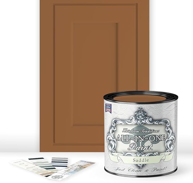 ALL-IN-ONE Paint by Heirloom Traditions, Saddle (Caramel Brown), Quart - Durable cabinet and furniture paint. Built in primer and top coat, no sanding needed. Includes our 30 featured color card.