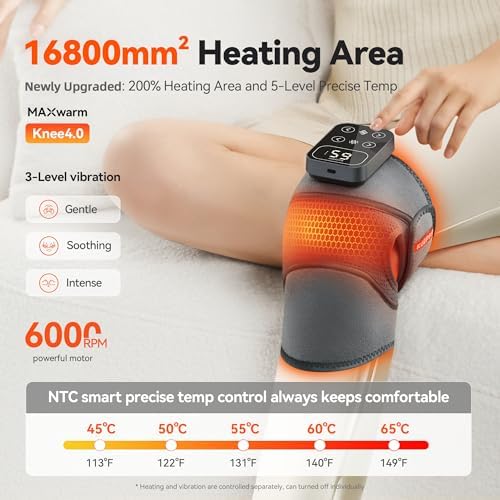 IKEEPFIT Cordless Knee Massager with Heat Vibration for Pain Relief, MAXwarm 4.0[2026 Upgraded] - Electric Heated Knee Brace with 5 Heat Levels and 3 Massage Mode, Gifts for Men Women (Grey, Pair)